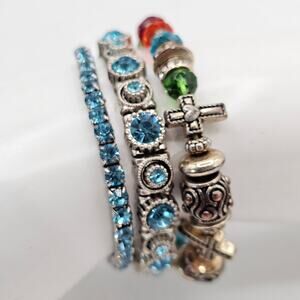 Set of 3 Stretch Bracelets Rhinestone Bead Cross Charm